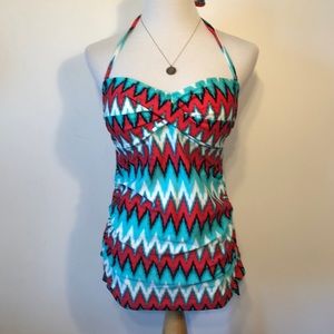 TARGET-MERONA-Red,White,Turquoise Light Chevron Tikini Halter Top-Size Medium